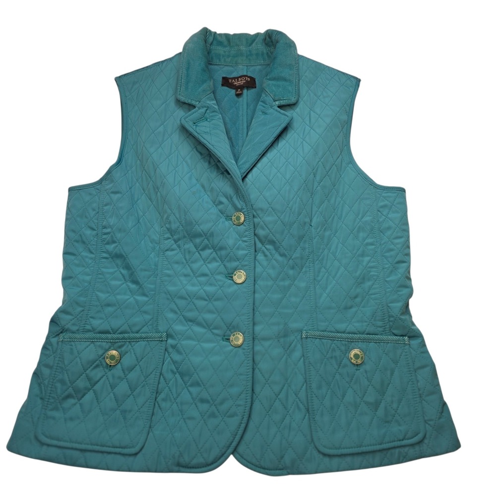 Talbots Woman's Petites Quilted Vest M Teal Blue Fleece Corduroy Collar Layering